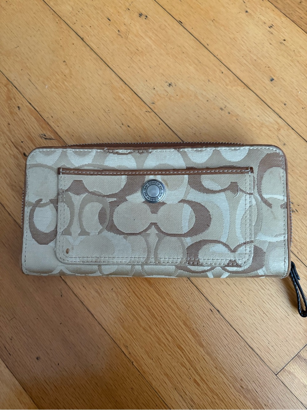 Coach Beige & Brown Signature Canvas Zip Wallet